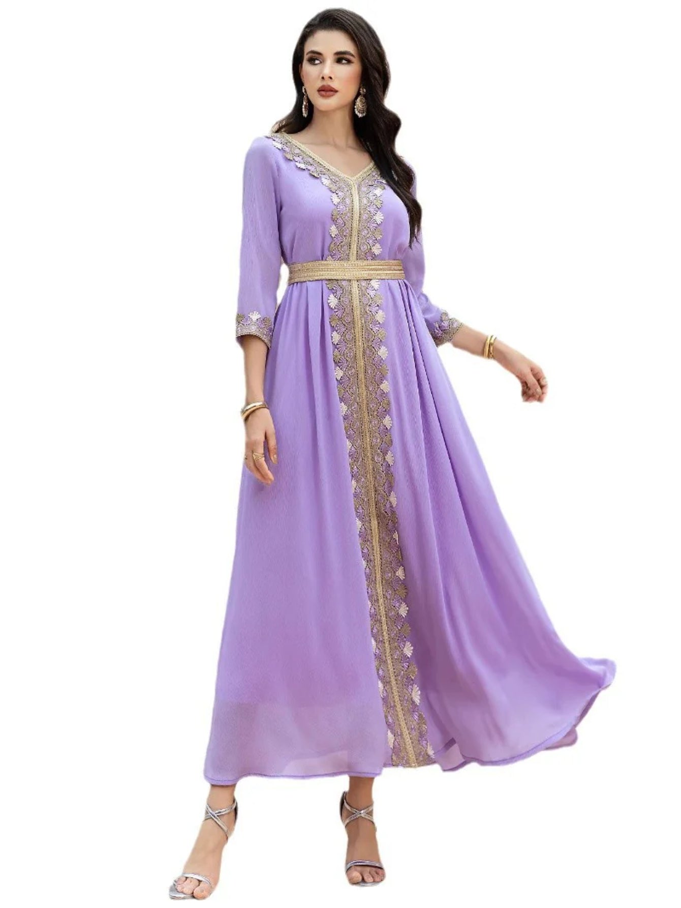 15160 new violet swing skirt splicing gold webbing European and American temperament long skirt