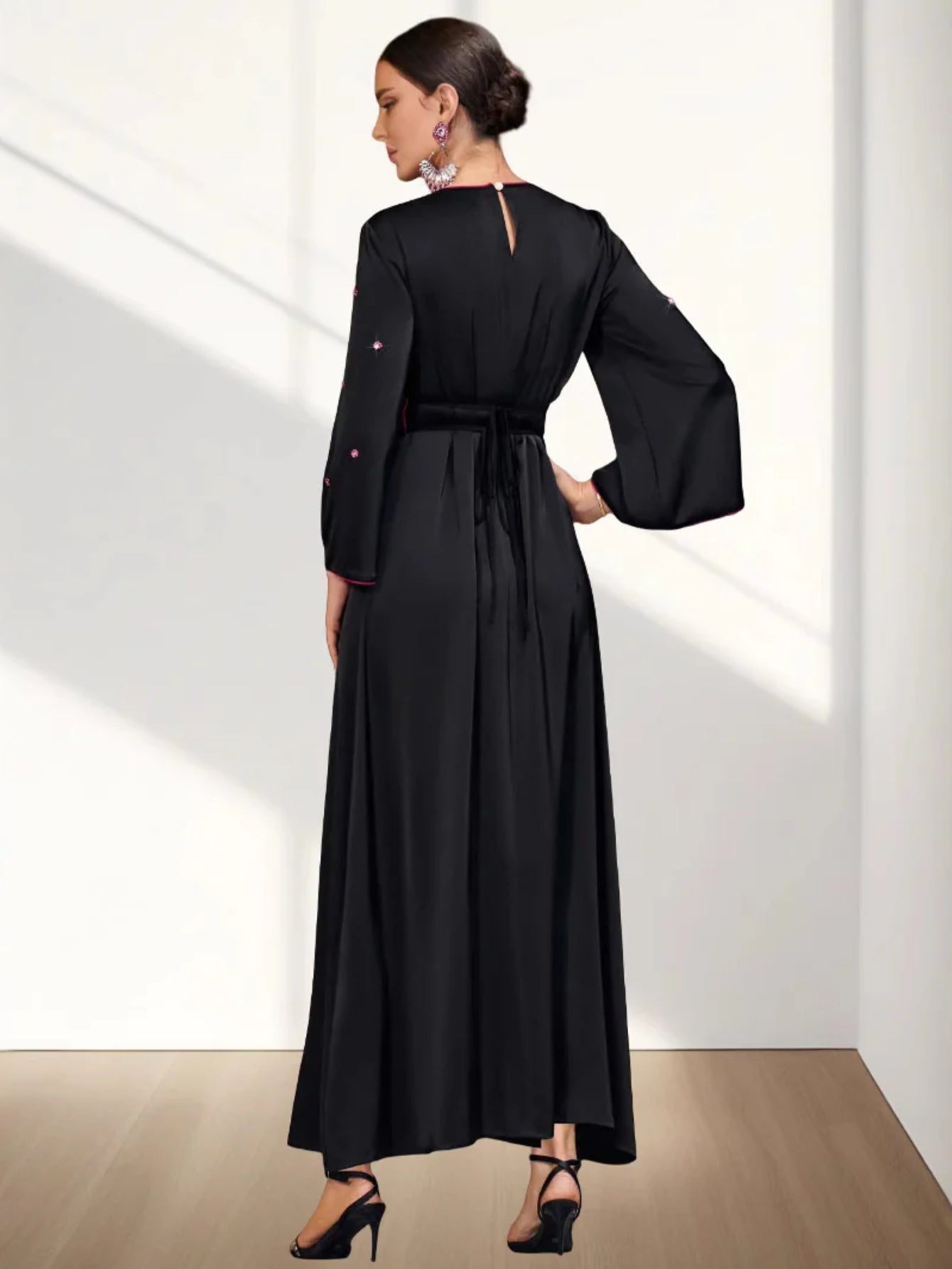 BA4062 Black Satin Splicing Mesh Hollow Collar Rhinestone Dress Robe