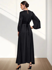 BA4062 Black Satin Splicing Mesh Hollow Collar Rhinestone Dress Robe