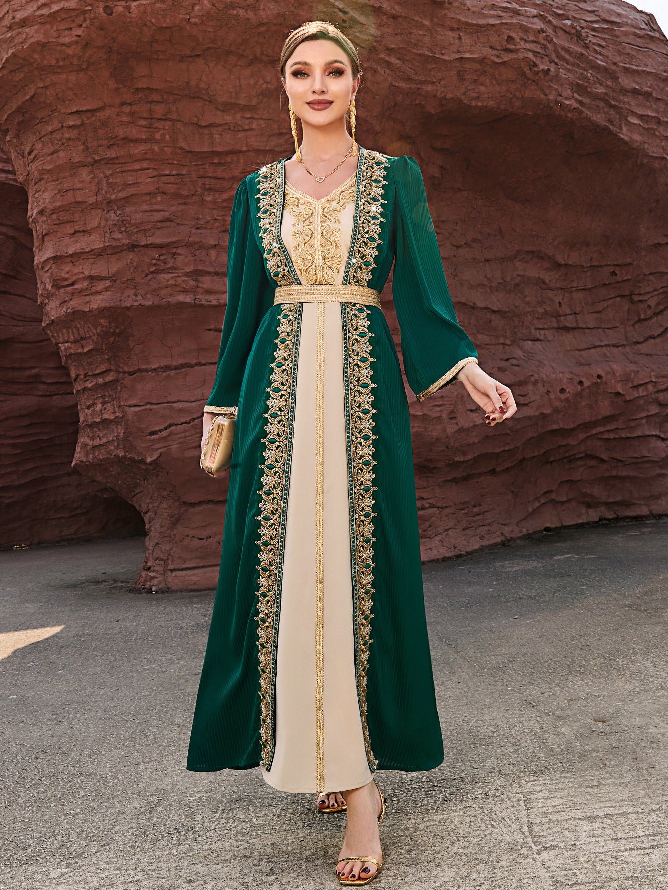 4088 Middle Eastern Style Green Beige Colorblock Gold Embroidered Long Sleeve Belted Maxi Dress - Elegant Contrast Decorated Gown