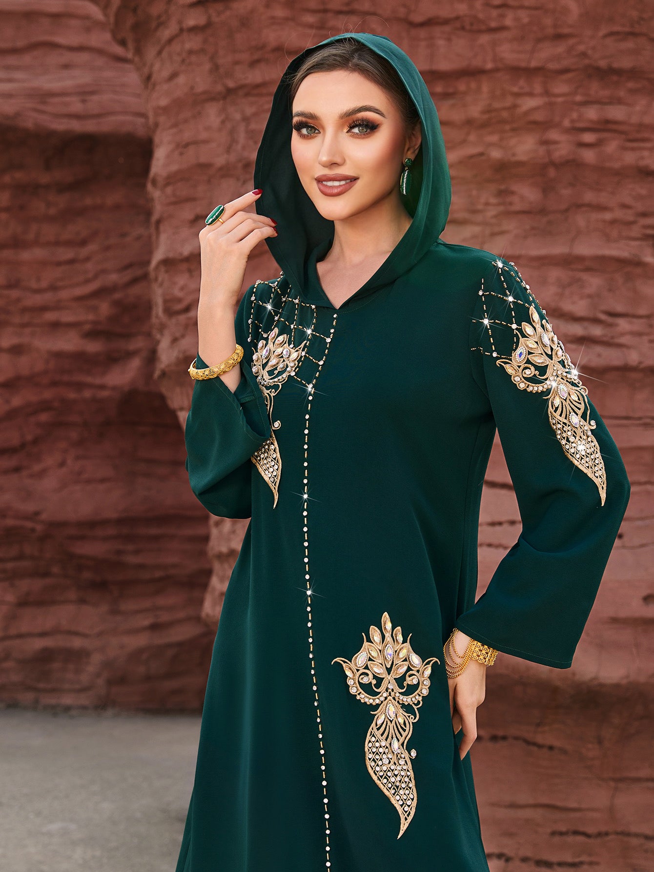 4061 Middle Eastern Style Dark Green Hooded Gold Embroidered Sequin Long Sleeve Maxi Dress - Elegant Sparkling Long Gown