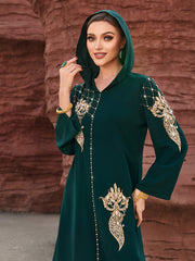 4061 Middle Eastern Style Dark Green Hooded Gold Embroidered Sequin Long Sleeve Maxi Dress - Elegant Sparkling Long Gown