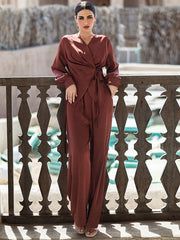 2-Piece set BA5085 reddish-brown embossed satin set cross-lace elegant atmosphere 2-piece set