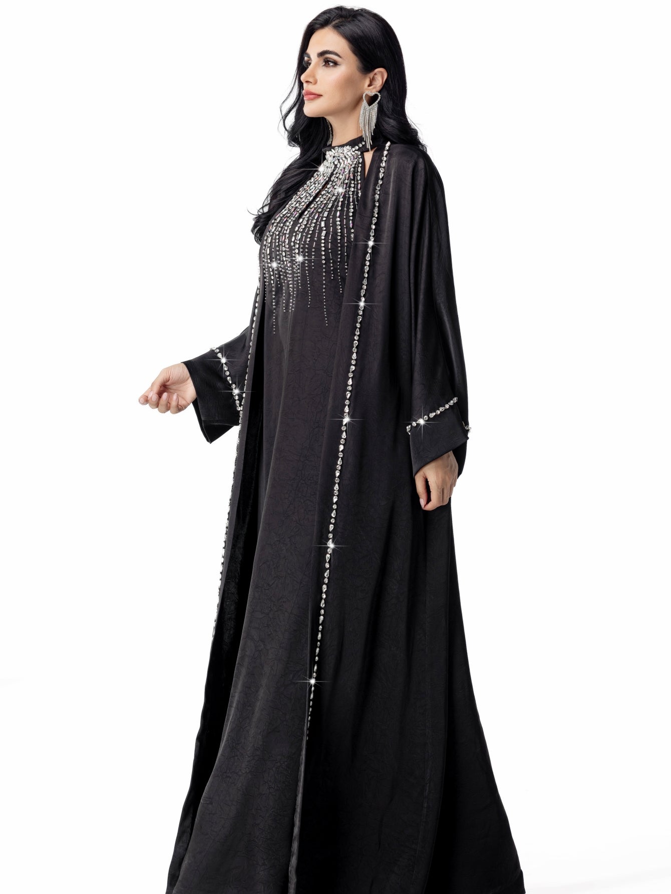15113 black two-piece arabic robe, Middle Eastern kaftan fashion hand-sewn diamond dress skirt
