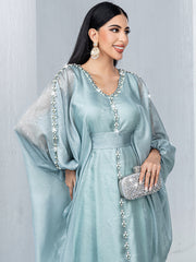 15168 Middle Eastern Style Light Green Bead Embellished Loose Sleeves Belted Maxi Dress - Elegant Decorated Abaya Gown