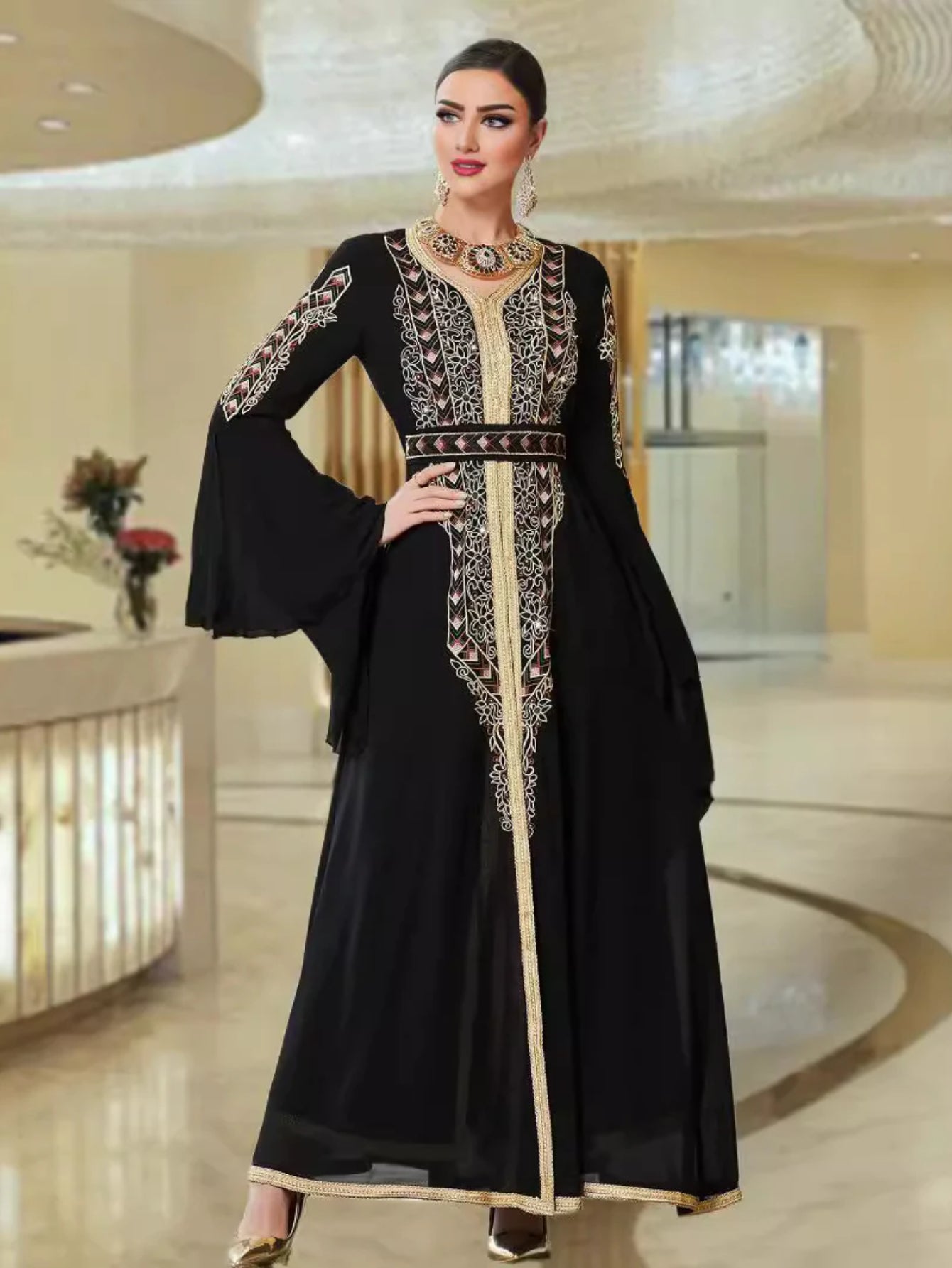 BA3024 Black Chiffon Splicing Heavy Industry Embroidery Flared Sleeve Long Dress Arab Party Robe