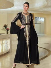 BA3024 Black Chiffon Splicing Heavy Industry Embroidery Flared Sleeve Long Dress Arab Party Robe