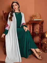 5252Arabic Two-Piece Set | Emerald Inner Dress + White Gold-Embroidered Abaya for Evening Elegance