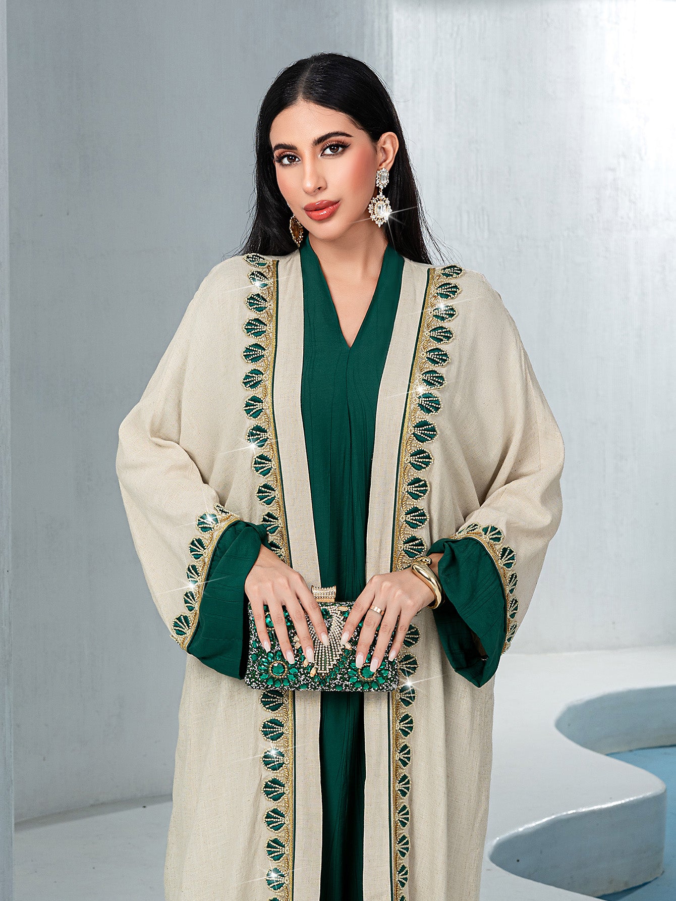 15233 Reversible Gradient Open Abaya  Elegant Long-Sleeve Modest Cardigan