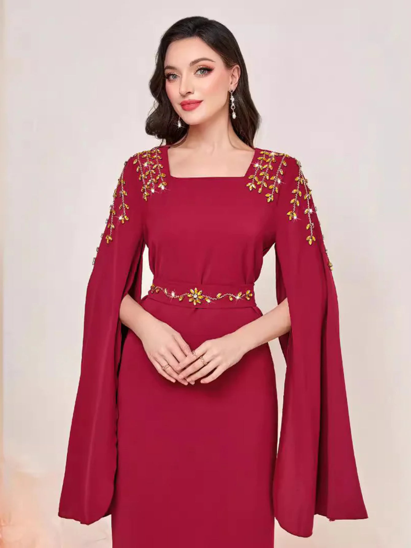BA3169 Super Long Sleeve Shoulder Seam Diamond Dress