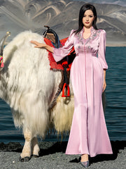 5197Silk Gown with Crystal Embroidery | Lavender Bohemian Dress for Slimming Evening Elegance