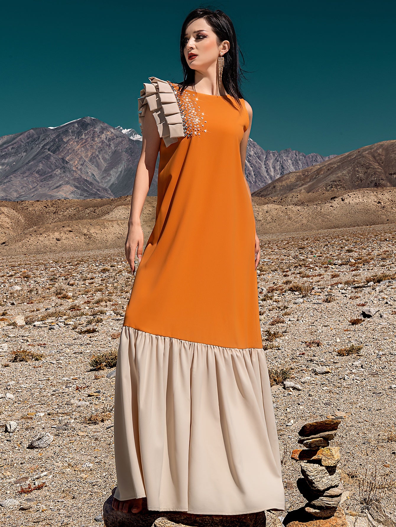 5238Arabic Orange Abaya Dress | Cream & Crystal Embroidered Gown for Special Occasions