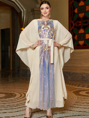 BA019 Beige Symphony Butterfly Sleeve Dress, Arabian Long Dress Middle East Women's Clothing