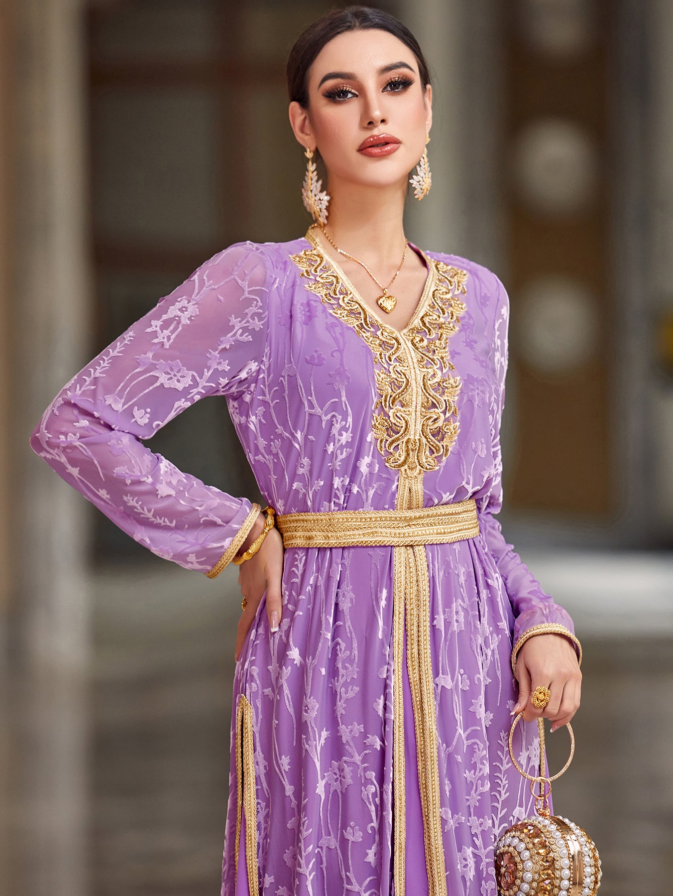 4031 Middle Eastern Style Purple Gold Embroidered Long Sleeve Maxi Dress - Elegant Belted Floral Pattern Gown