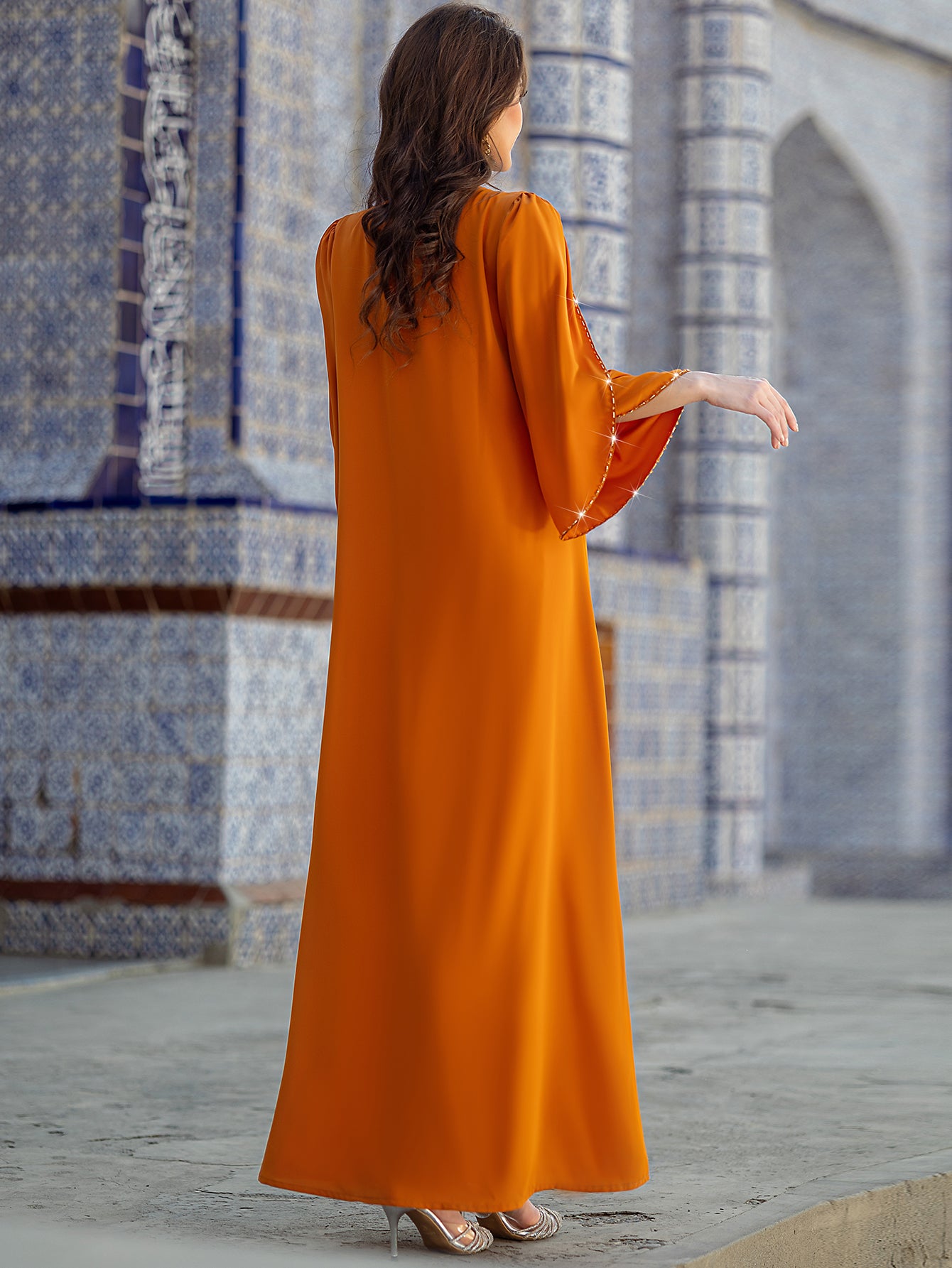 5204 Sunset Orange Arabic Abaya Dress | Round Neck Beaded Gown with Bell Sleeves & Intricate Embroidery