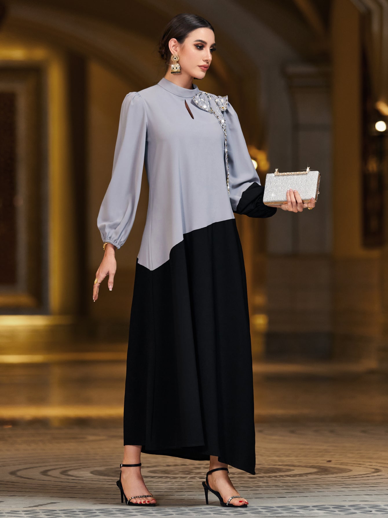 4071 Middle Eastern Style Grey Black Colorblock Sequin Embellished Puff Sleeve Maxi Dress - Elegant Belted Asymmetrical Gown