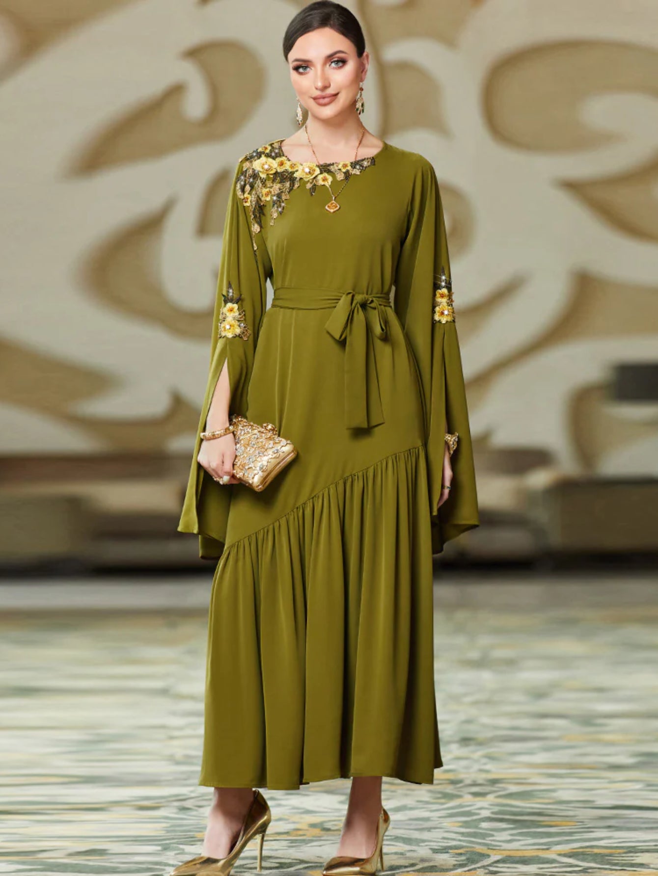 BA3048 New Army Green Middle East Super Long Sleeve Embroidered Decal Dress, Dubai Dress