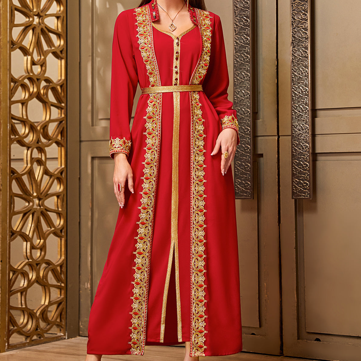 4048 Middle Eastern Style Red Gold Embroidered Pseudotwo-Piece Long Sleeve Belted Maxi Dress - Elegant Ornamental Long Gown