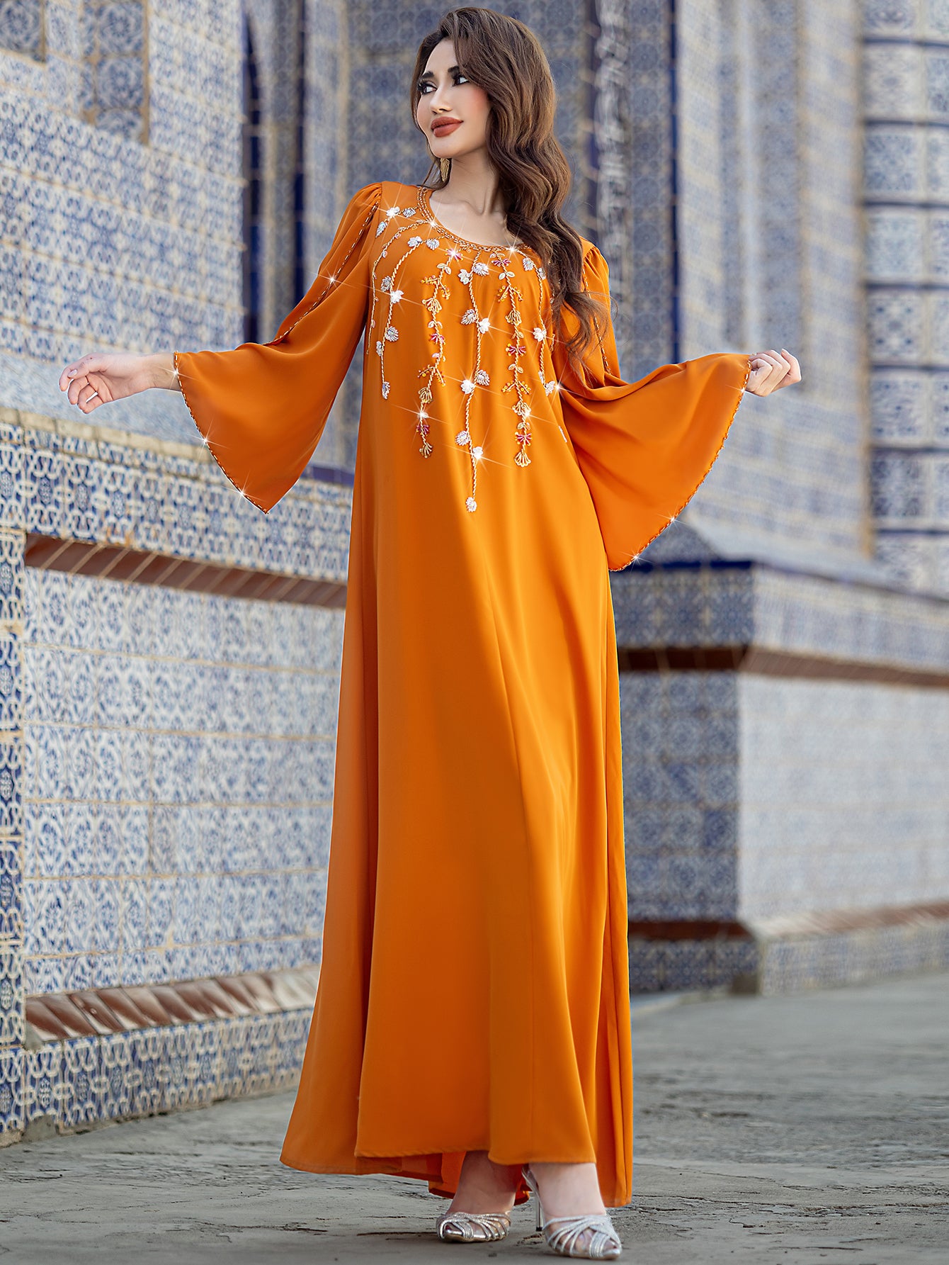 5204 Sunset Orange Arabic Abaya Dress | Round Neck Beaded Gown with Bell Sleeves & Intricate Embroidery