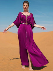 BA7031 Rose purple off-the-shoulder hand-sewn diamond design dress, Middle Eastern party, holiday gift