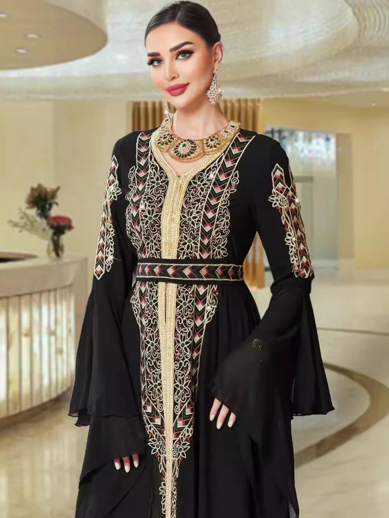 BA3024 Black Chiffon Splicing Heavy Industry Embroidery Flared Sleeve Long Dress Arab Party Robe