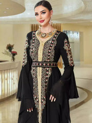 BA3024 Black Chiffon Splicing Heavy Industry Embroidery Flared Sleeve Long Dress Arab Party Robe