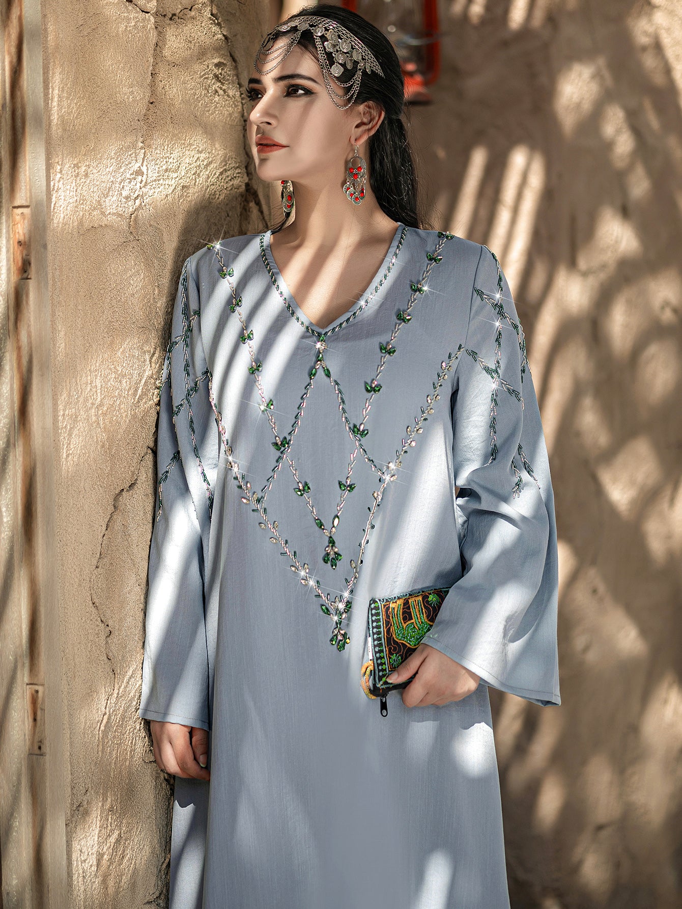 4124 Middle Eastern Style Light Blue Embroidered Loose Sleeve V-Neck Maxi Dress - Elegant Sparkling Decorated Gown