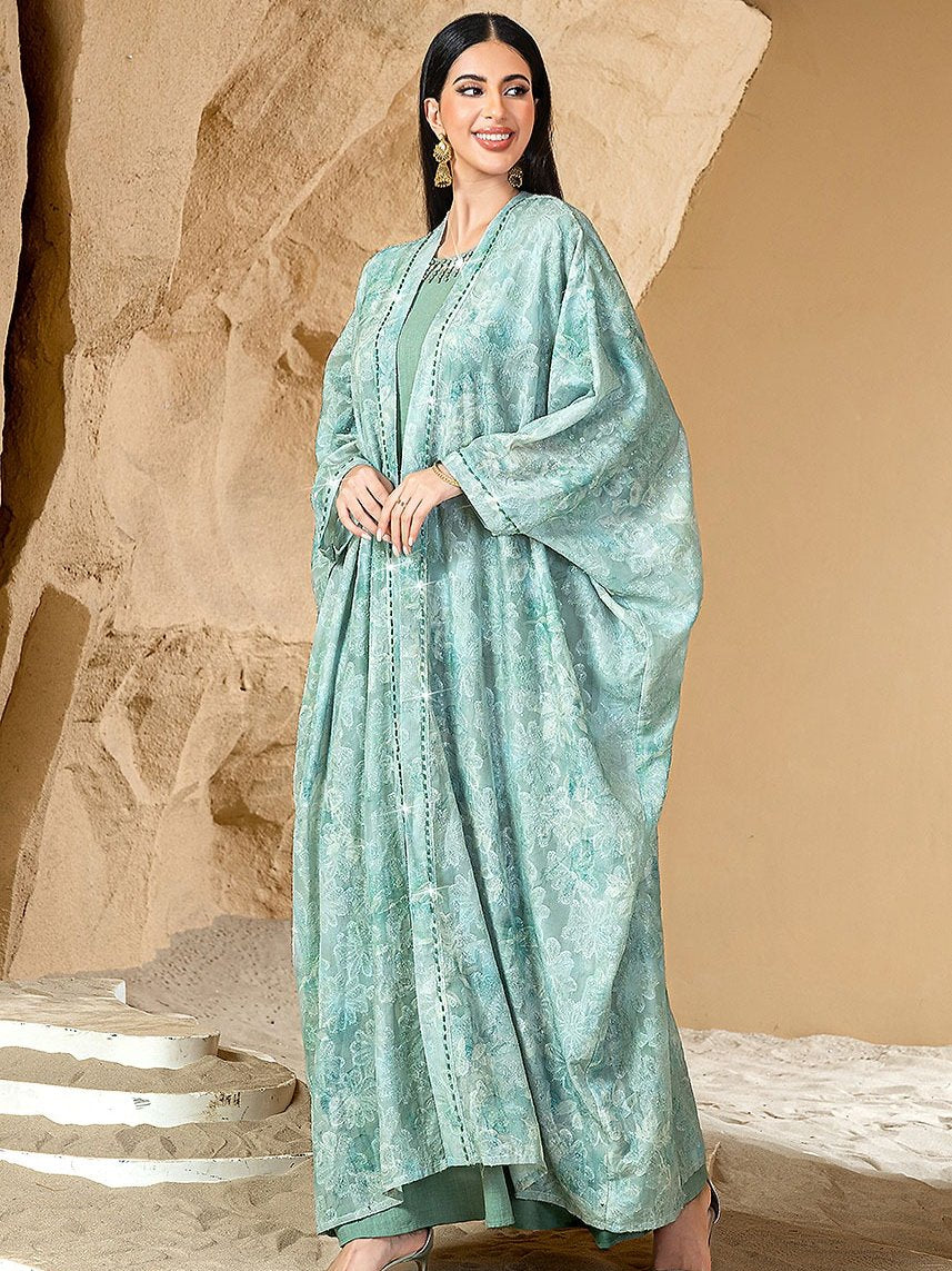 BA5042 green open abaya — outer layer only, view 2