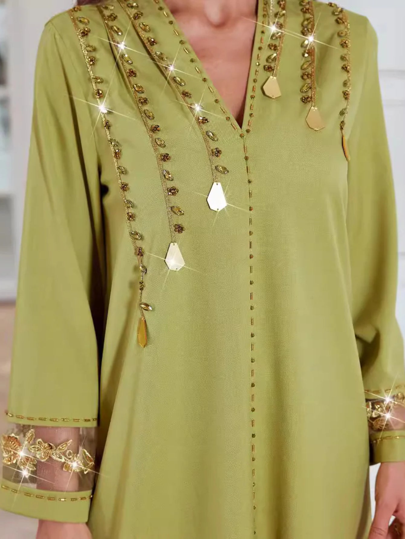 BA4153 Qiuxiang green linen lace rust bead hand-sewn diamond dress Middle East