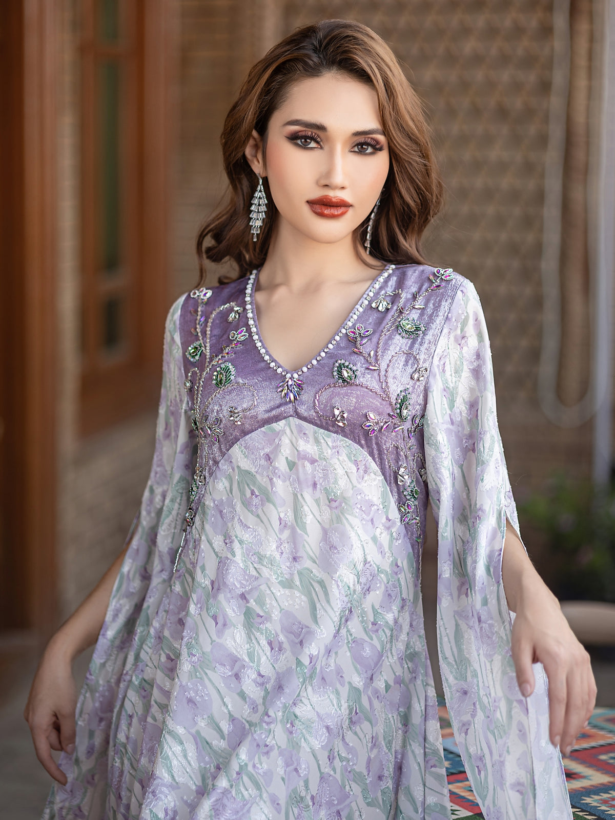 5193Traditional Arabic Embroidered Abaya | Lavender Pearl V-Neck Bell Sleeves Dress for Cultural Evening Wear