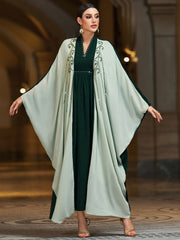 4027 Middle Eastern Style Green Contrast Embellished Maxi Dress - Elegant Flowing Cape Sleeve Gown