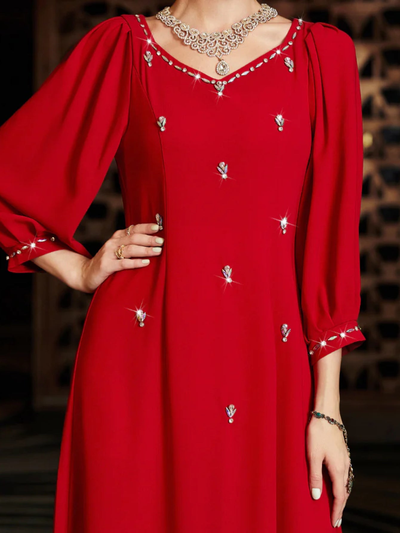 BA3054 New Red Lantern Sleeve Arabian Heavy Industry Hand Sewn Diamond Dress Banquet Bridal Dress
