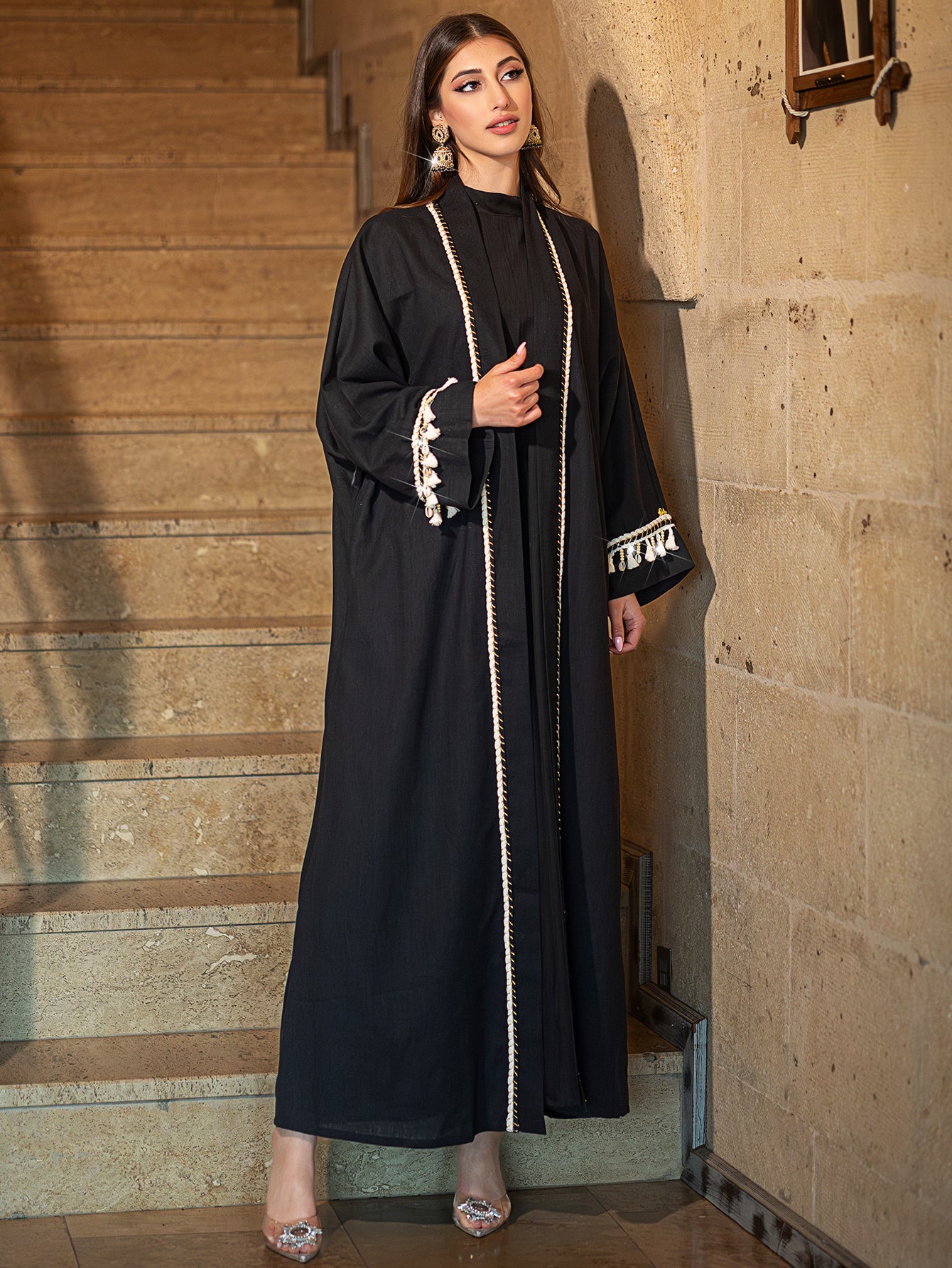 5062 Ya black Ramadan loose robe beaded with tassels embellished with a single piece