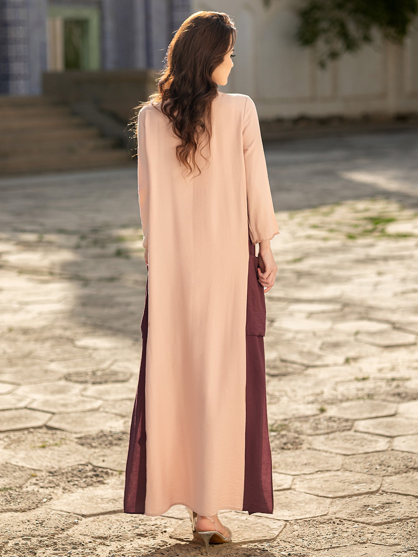 5201Luxury Pink & Burgundy Abaya Dress | Arabic Floral Embroidery with Gold Beads, Fringe & Pearl Cuffs