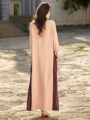 5201Luxury Pink & Burgundy Abaya Dress | Arabic Floral Embroidery with Gold Beads, Fringe & Pearl Cuffs