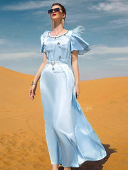 BA7039 light blue satin ruffle edge feather dress, hand-sewn diamond Muslim style spot, women's belt