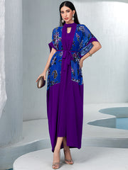 5142Two-Piece Purple & Blue Embroidered Dress Set | Floral Overlay Top with Beaded V-Neck & Slimming Belt