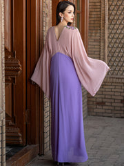 5220Pink & Purple Two-Tone Abaya Dress | Arabic V-Neck Floral Embroidery Gown with Wide Sleeves