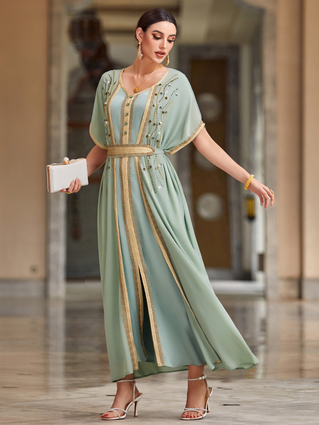 4033 Middle Eastern Style Light Green Gold-Embellished Short Sleeve Maxi Dress - Elegant Belted Slit Pseudotwo-Piece Gown