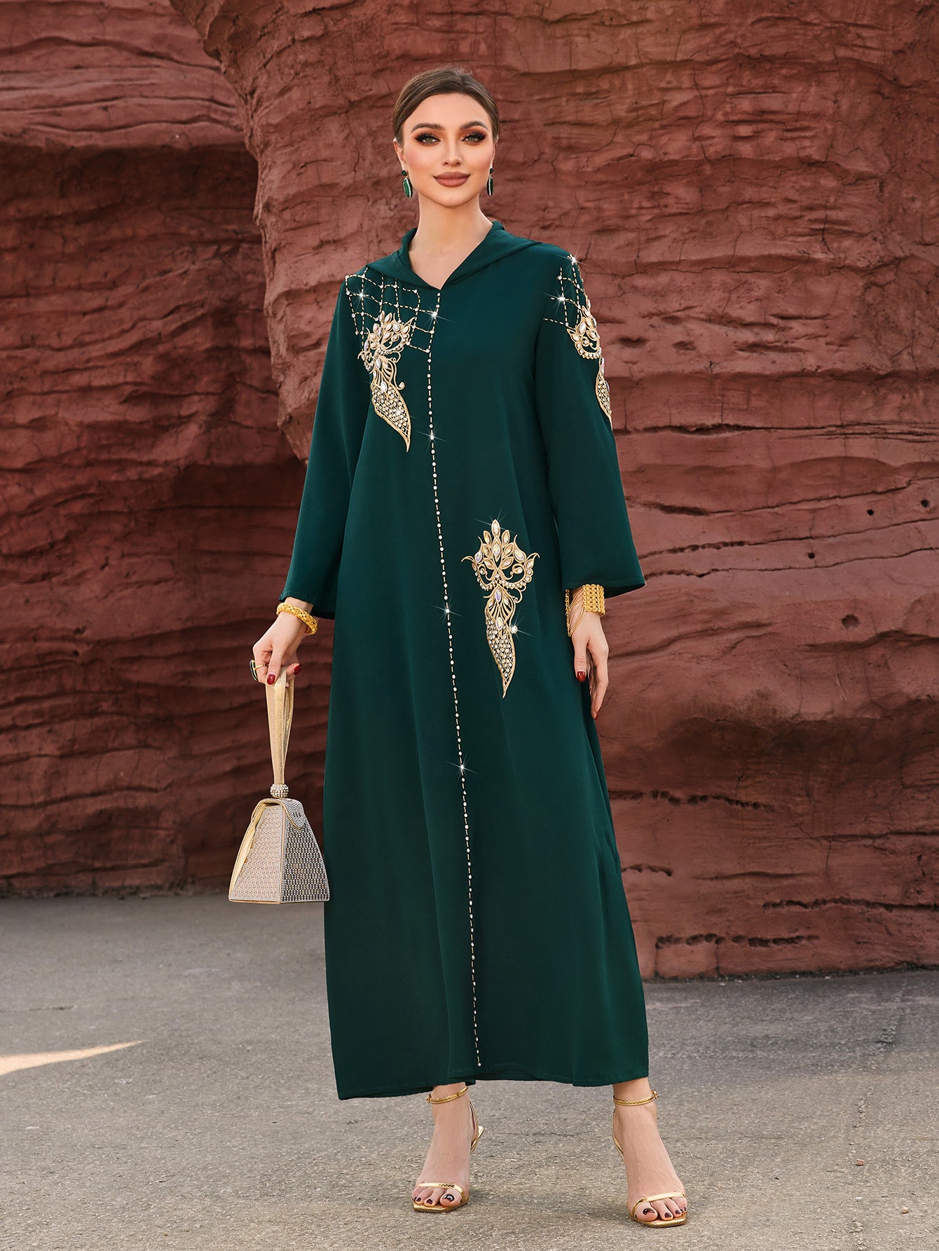 4061 Middle Eastern Style Dark Green Hooded Gold Embroidered Sequin Long Sleeve Maxi Dress - Elegant Sparkling Long Gown