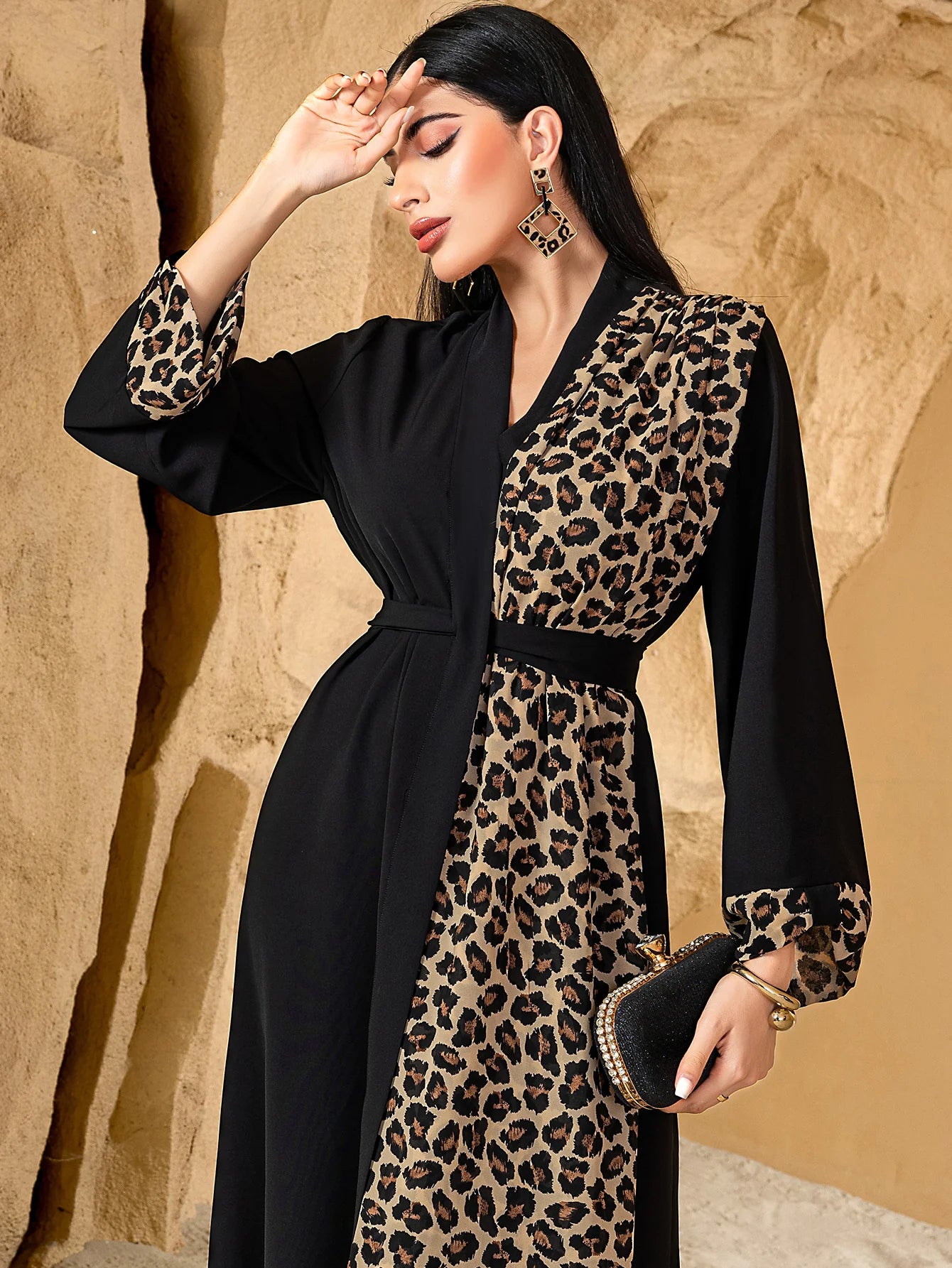 15146 Leopard print color matching dark V cardigan jacket with belt long, large size women's dress