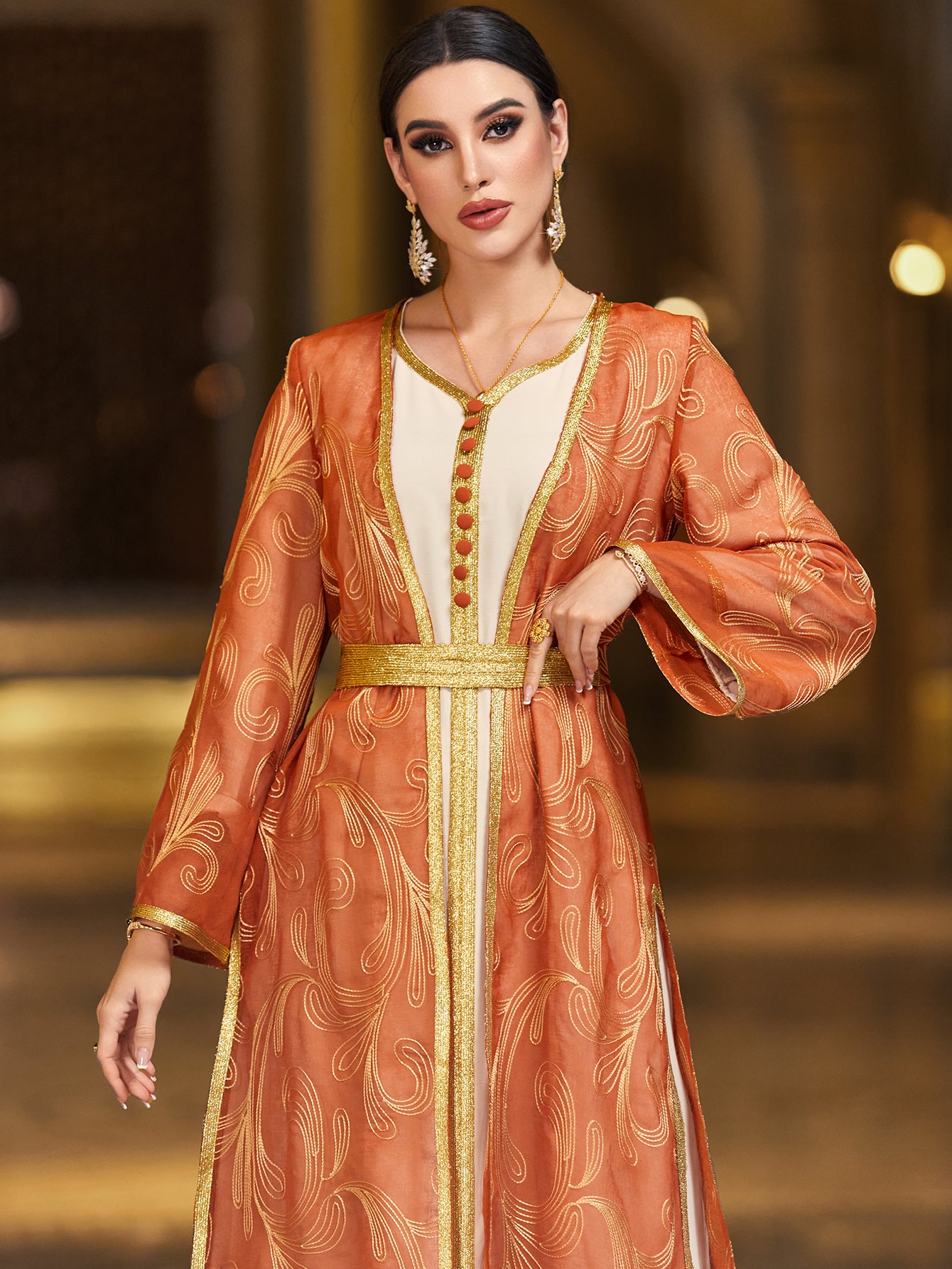 4103 Middle Eastern Style Orange Gold-Trimmed Printed Long Sleeve Belted Two-Piece Maxi Dress - Elegant Contrast Decorated Gown