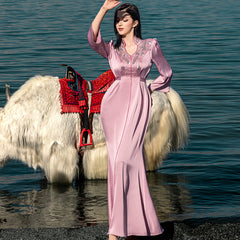 5197Silk Gown with Crystal Embroidery | Lavender Bohemian Dress for Slimming Evening Elegance