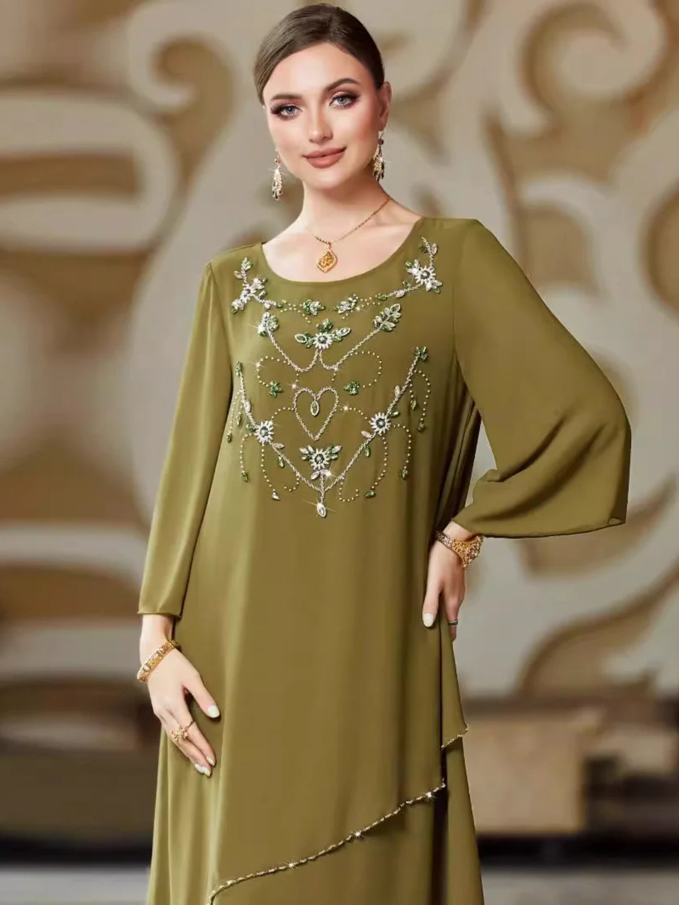 BA3042 New army green hand-sewn chiffon long dress loose pendulum ABAYA dress