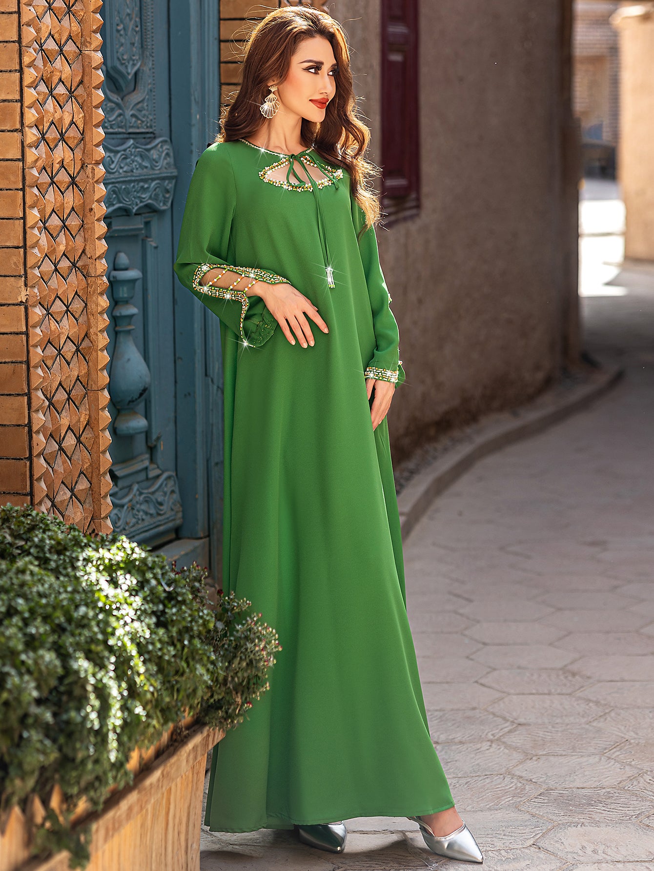 5205 Luxury Emerald Abaya | Hand-Beaded Neckline & Crystal-Trimmed Bell Sleeves