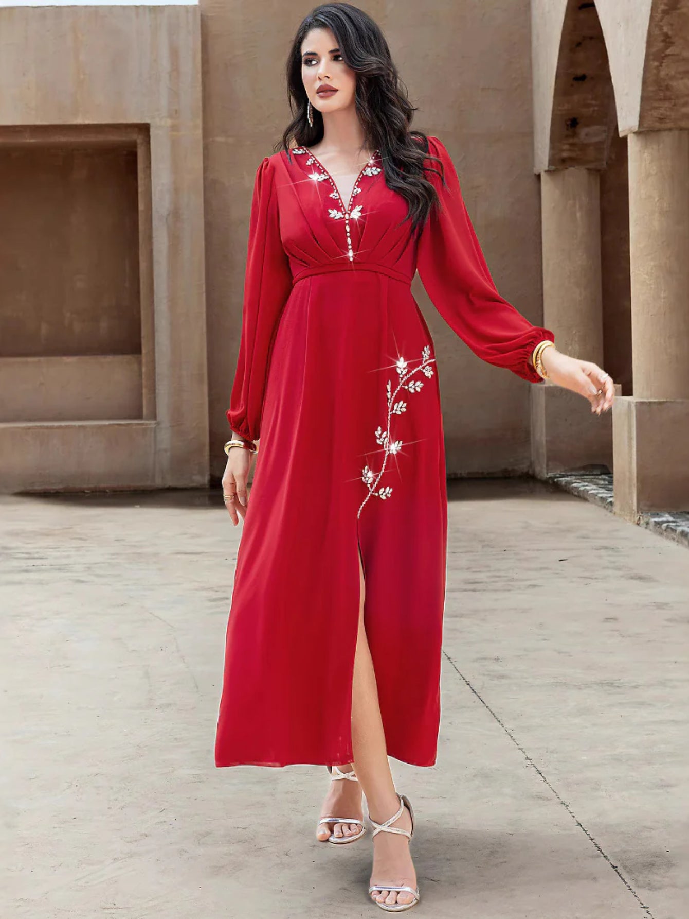 15175 Hot Sale New Hand Sewn Drilled Deep V Sexy Front Split Dress Middle East Fashion Spot Women