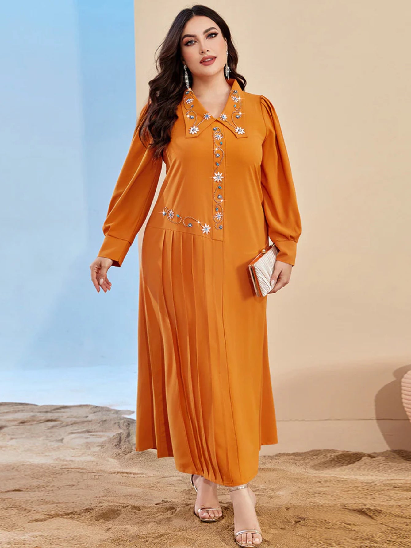 BA3140 cross-border new hand-sewn diamond lapel dress, Amazon AliExpress hot sale, Middle East women's long dress