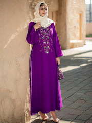 4008 Middle Eastern Style Purple Embroidered Hooded Maxi Dress - Sparkling Gold Green Decorated Long Gown