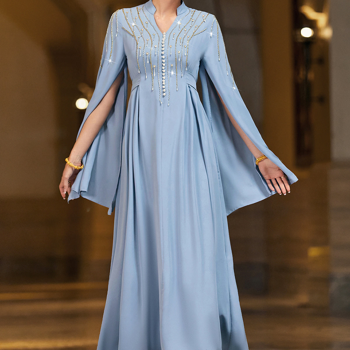 4038 Middle Eastern Style Light Blue Gold Sequins Embellished Cape Sleeves Maxi Dress - Elegant Flowing Long Gown