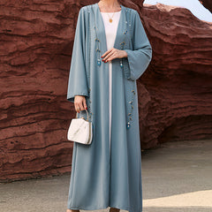 4015 Middle Eastern Style Light Blue Beaded Embellished Open Front Maxi Dress - Elegant Long Abaya Outerwear